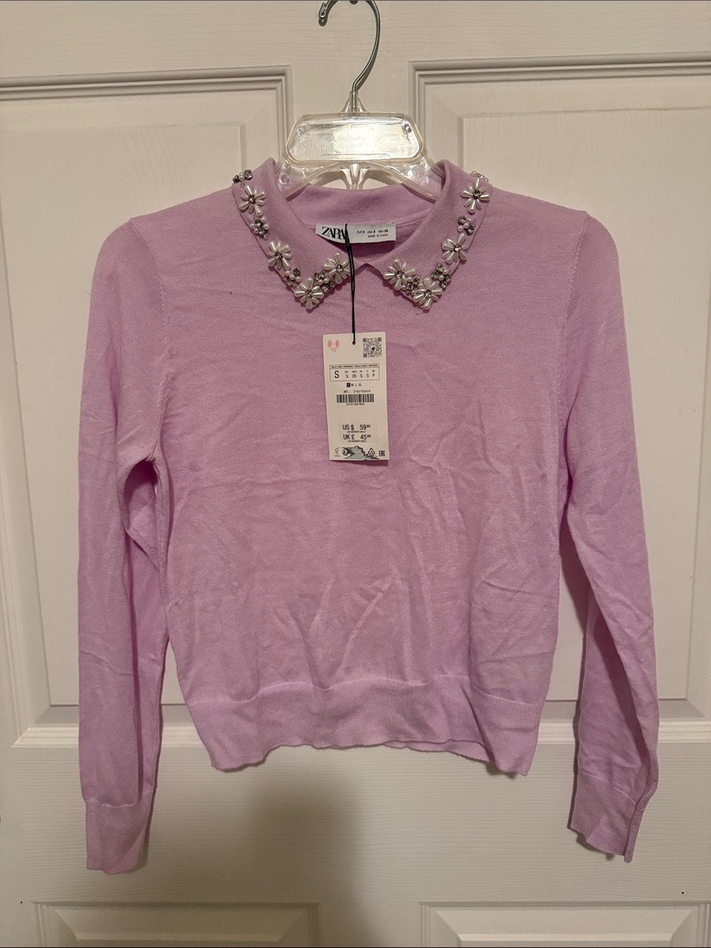 ZARA Lavender Pink Jeweled Collar Knit Top